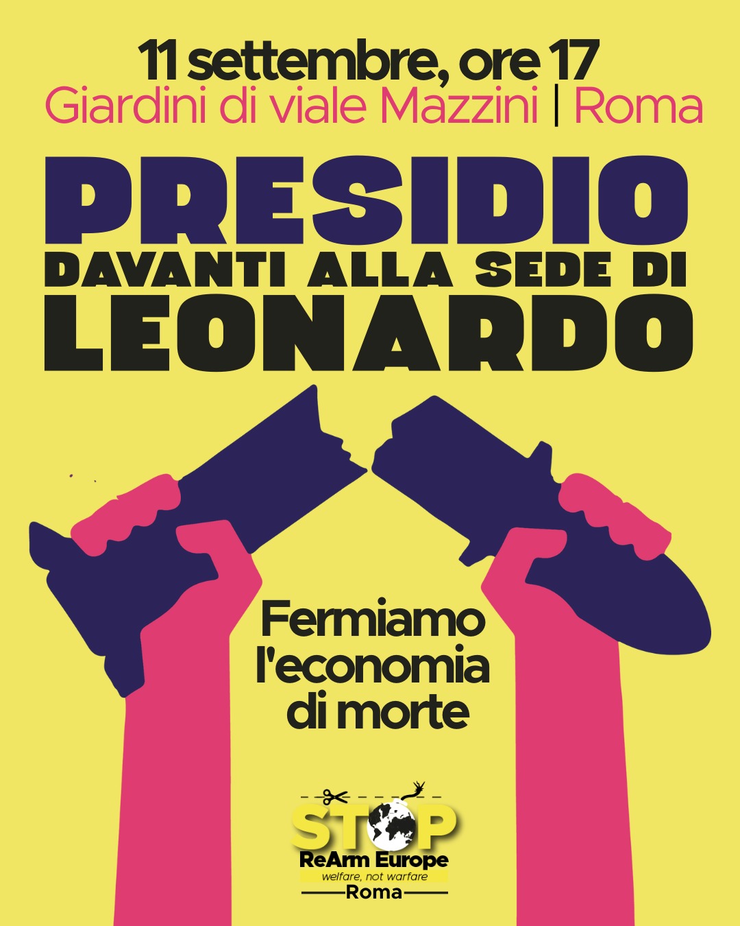 Stop Rearm Europe: l’11 settembre presidio davanti alla sede di Leonardo
